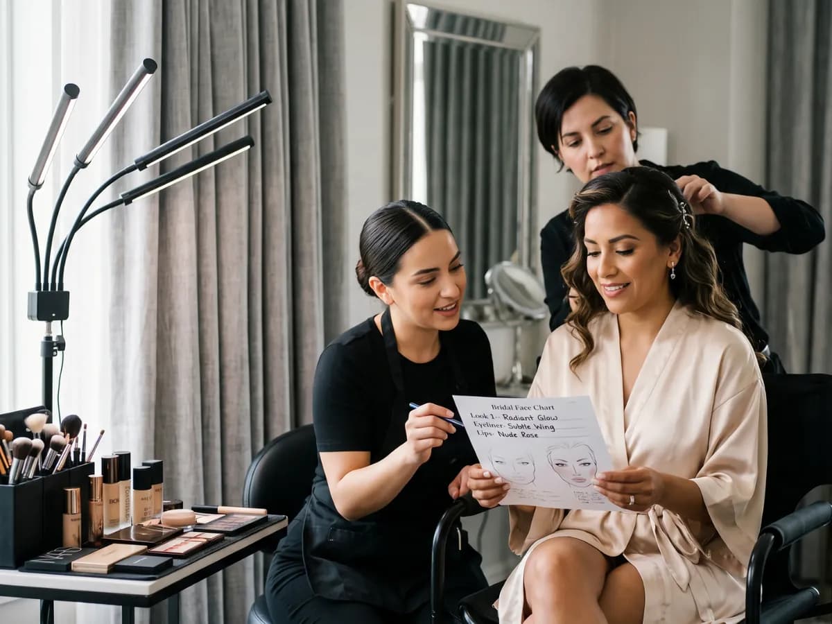 Profesional de maquillaje conversando con una novia para definir un look personalizado para su boda.