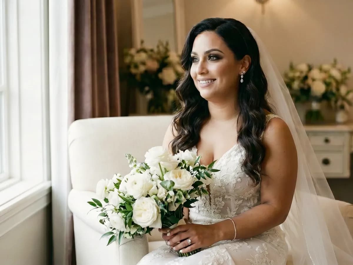 Novia lista con maquillaje y peinado profesional, mostrando un acabado natural y elegante.