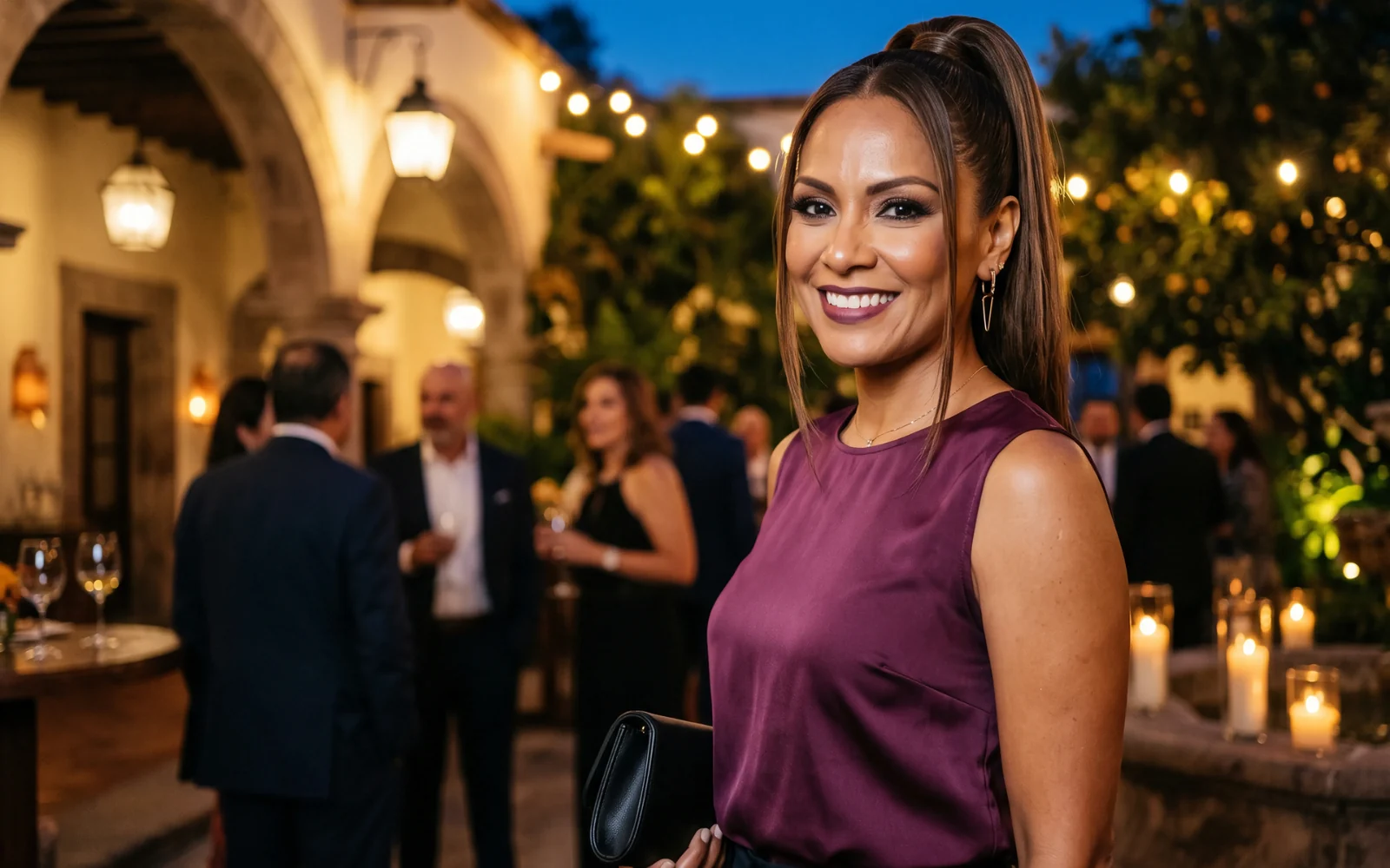Clienta lista para una celebración de tarde o noche con maquillaje social definido.