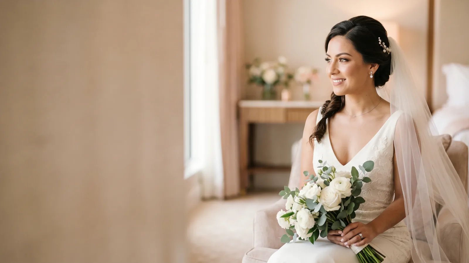 Novia con maquillaje profesional y peinado elegante preparado para el día de su boda.